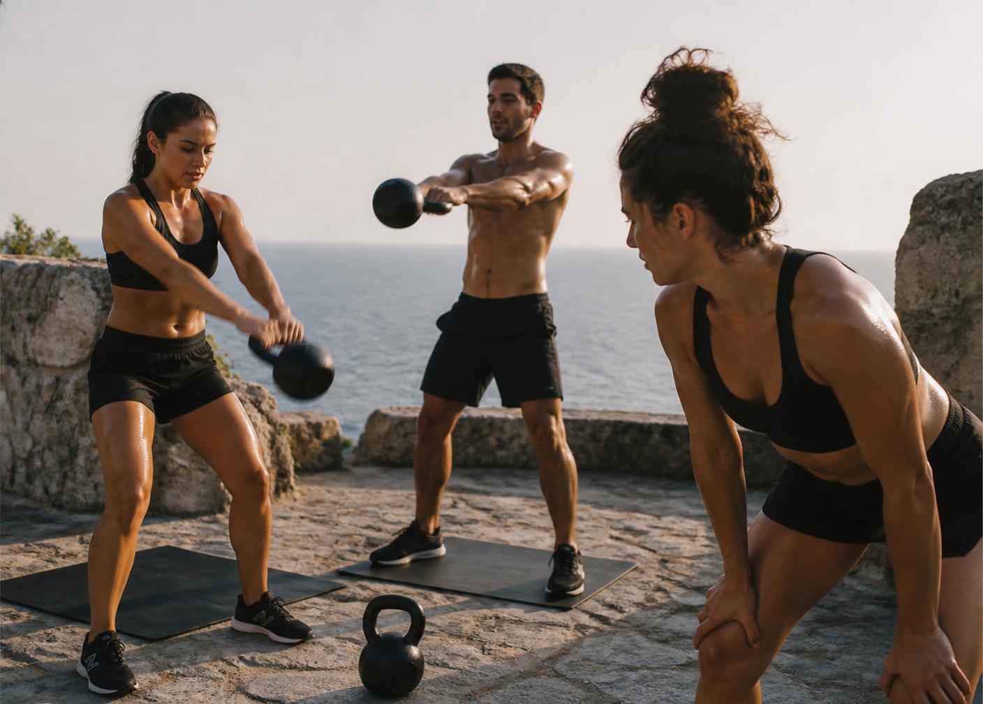 Training bei Sonnenaufgang auf einer Terrasse über den Bergen